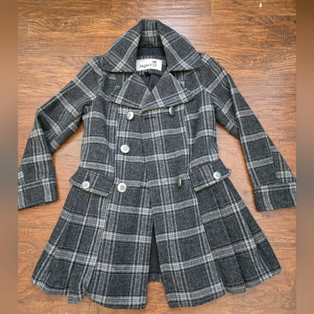 Sugarfly Girls Coats Sz M Wool Poly Plaid Peacoat Jacket Pleated Metal Buttons